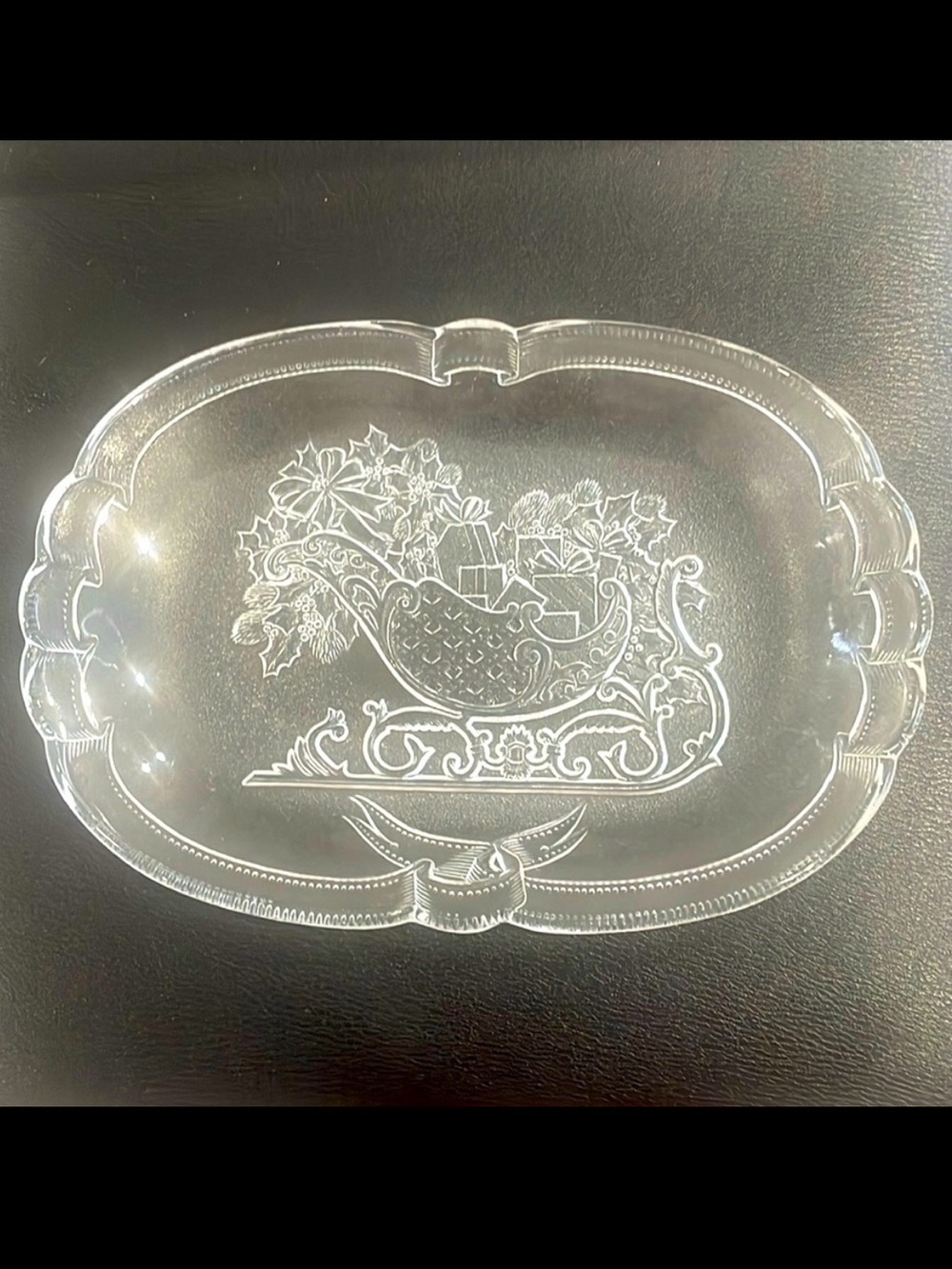 Vintage Mikasa Japan Santa’s Sleigh Frost pattern clear glass serving platter.